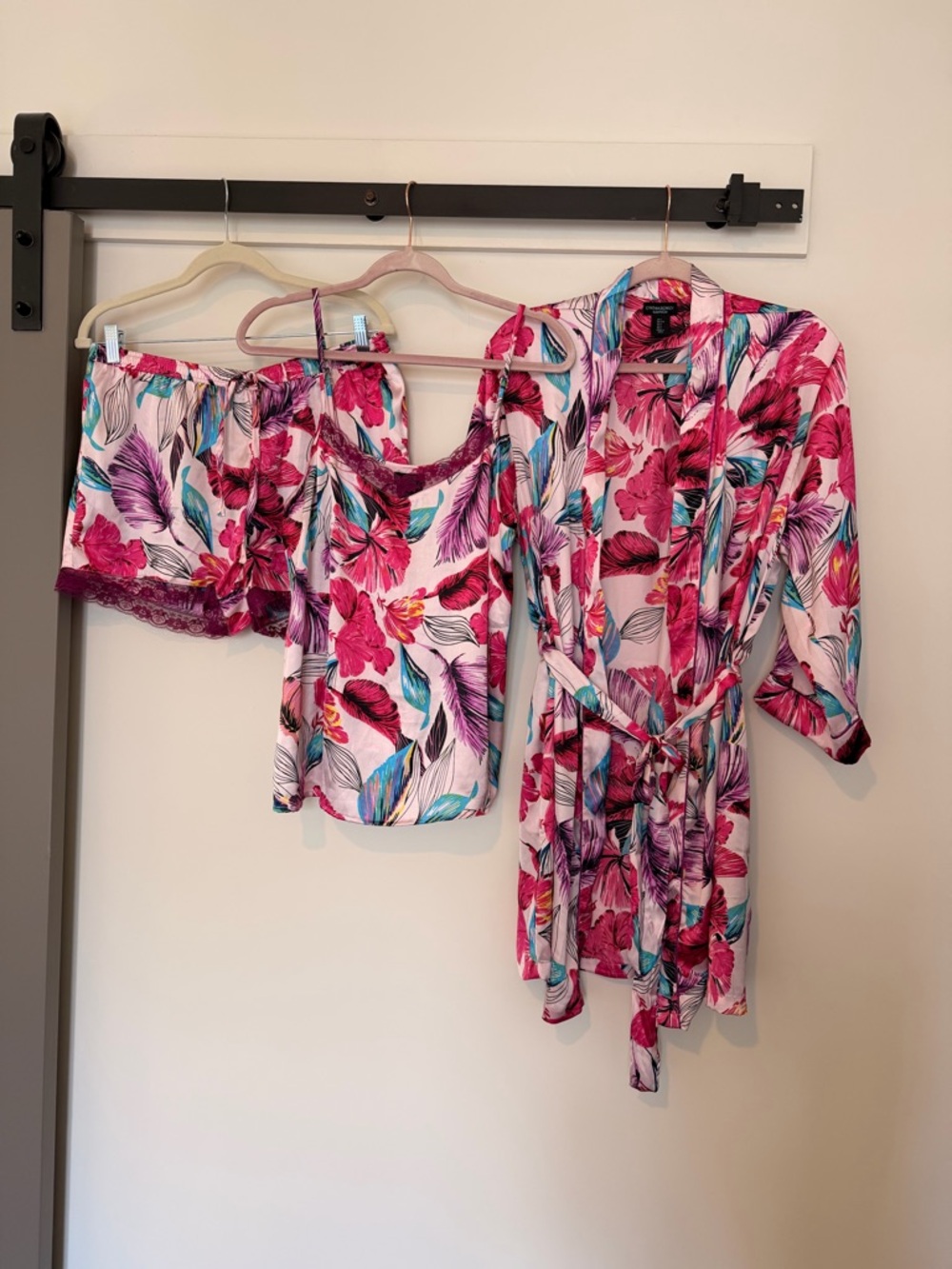 Cynthia Rowley Pink & Teal Floral Satin 3-Piece Pajama Set